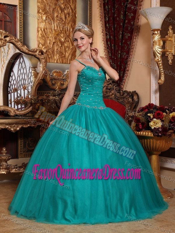 Brand New Teal Tulle Beaded Long Quinceanera Gown Dress with Straps