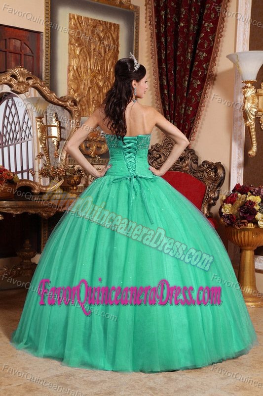 New Arrival Beaded Strapless Turquoise Quinceanera Gown Dress in Tulle
