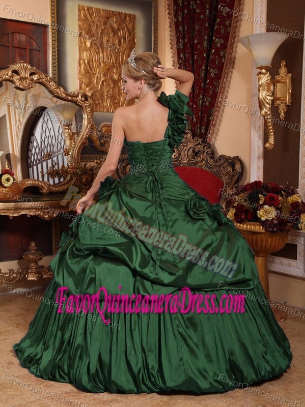 Latest One Shoulder Green Taffeta Quince Dress with Pick-ups and Flower