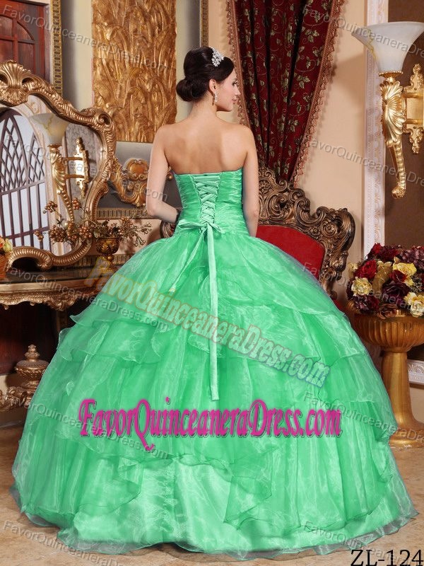Popular Strapless Apple Green Organza Dress for Quinceanera with Ruffles