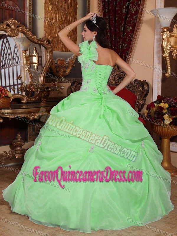 Pretty One Shoulder Apple Green Organza Quince Dresses with Appliques