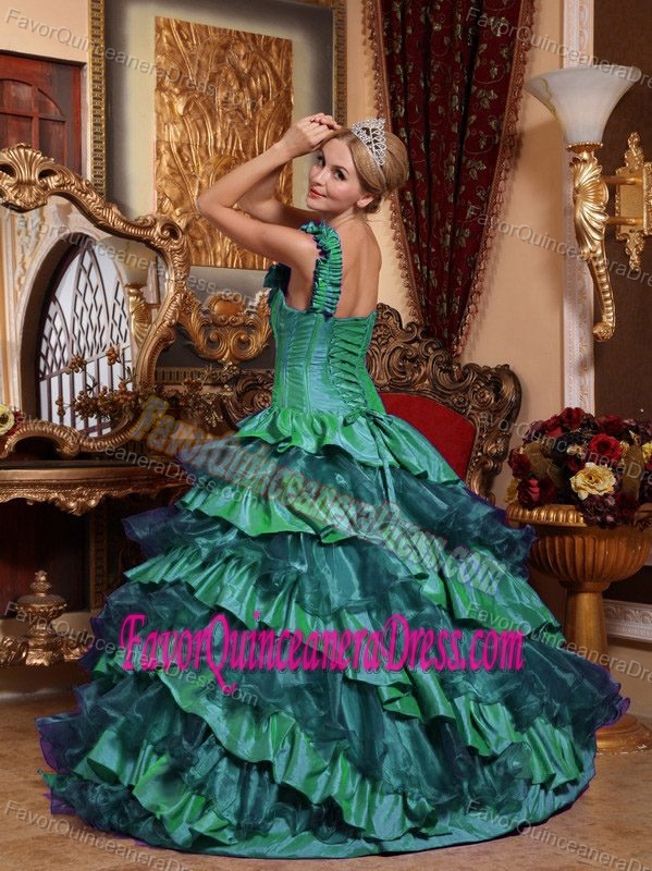 2013 One Shoulder Green Organza Quince Dress with Flowers and Layers