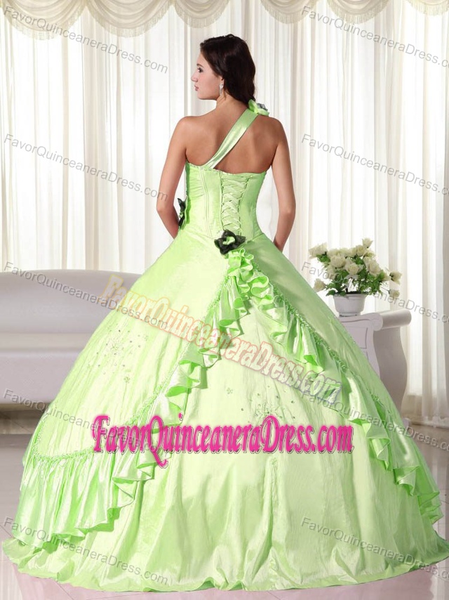 Latest One Shoulder Yellow Green Taffeta Sweet Sixteen Dress with Flower