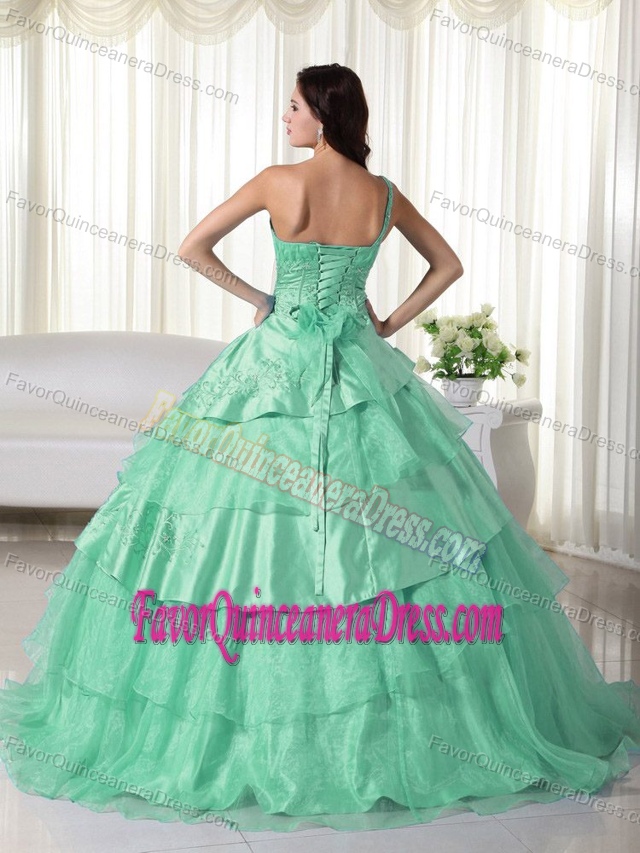 Modest One Shoulder Green Sweet 15 Dress with Embroidery and Layers