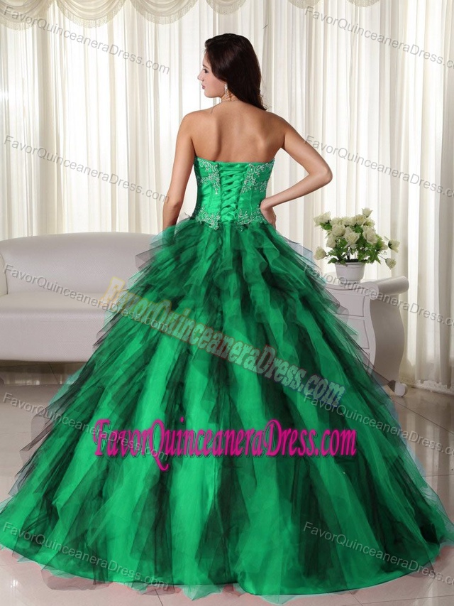 Wholesale Strapless Green Tulle and Taffeta Quinceanera Dress with Ruffles