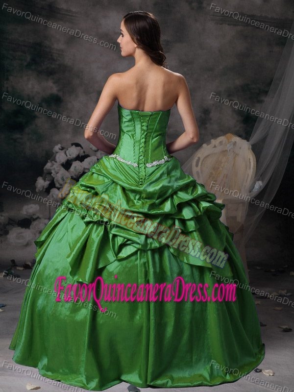 Hot Sale Strapless Green Taffeta Dresses for Quinceaneras with Pick-ups