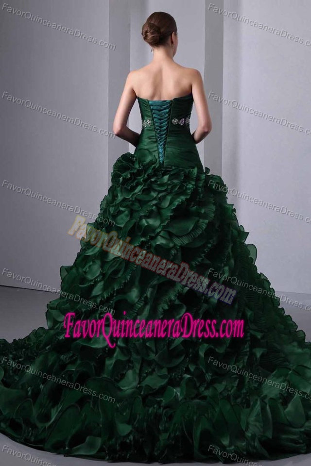 Elegant Dark Green Organza Beaded Dresses for Quinceanera with Ruffles