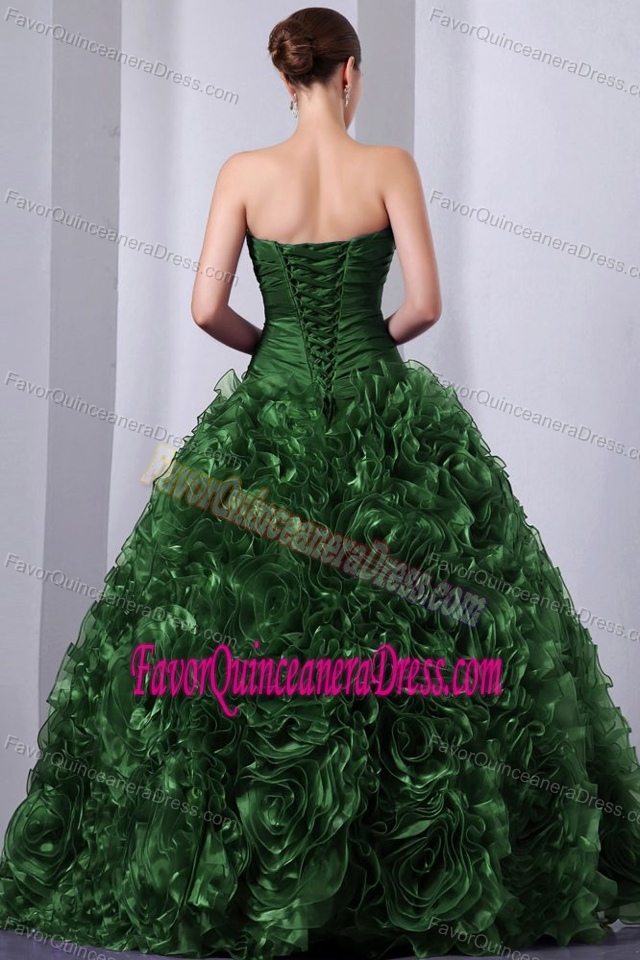 Special Dark Green Organza Dresses for Quinceanera with Rolling Flowers