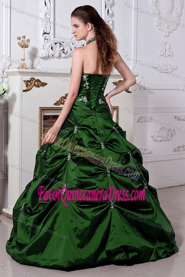 Halter Hunter Green Taffeta Quince Dresses with Pick-ups and Embroidery