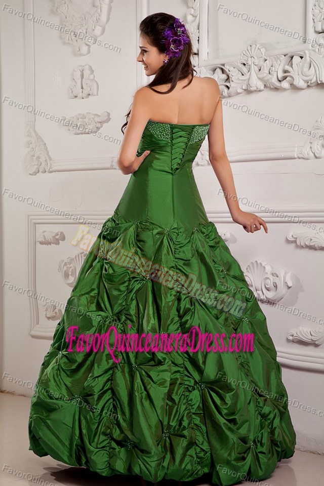 Popular Strapless Dark Green Sweet Sixteen Dress with Pick-ups in Taffeta