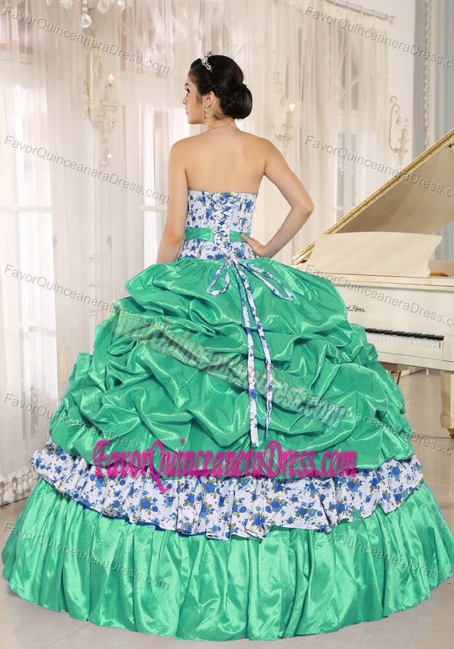 Hot Sale Printed Sweetheart Green Taffeta Quinces Dresses with Pick-ups
