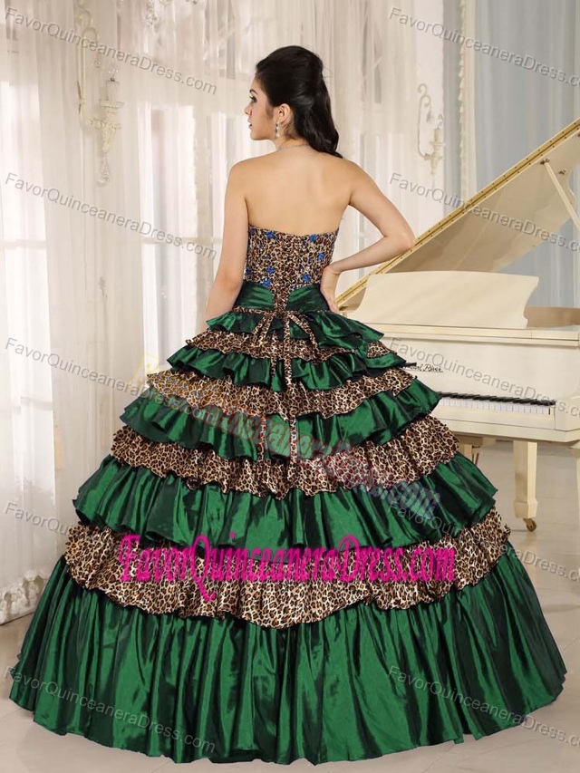 2014 Leopard Green Taffeta Quinceanera Gown Dresses with Ruffle-layers