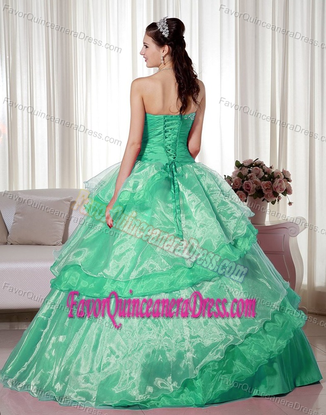 Brand New Green Organza Sweet Sixteen Dresses with Layers and Flower