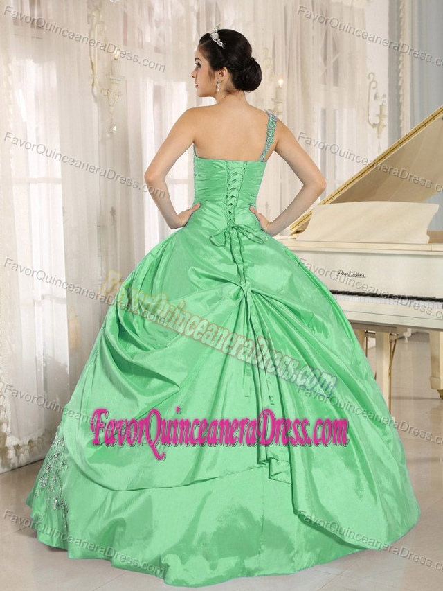 Hot Sale One Shoulder Green Taffeta Quinceanera Gowns with Appliques
