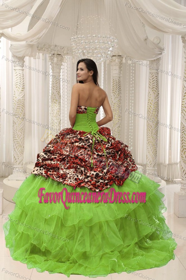 New Style Leopard Green Organza Dress for Quinceanera with Pick-ups