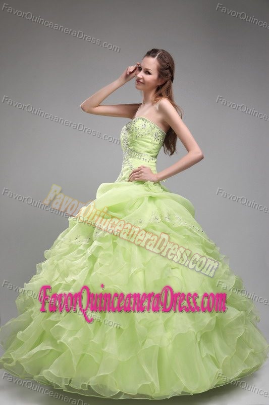 Perfect Strapless Yellow Green Quinceanera Dresses with Ruffles in Organza