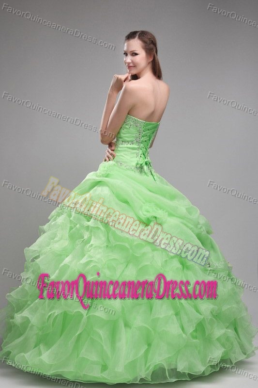 Popular Spring Green Organza Strapless Sweet Sixteen Dresses with Ruffles