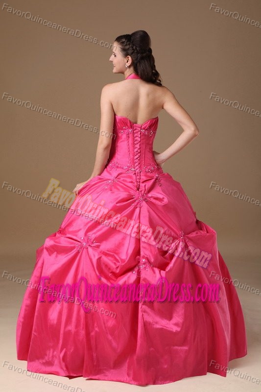 Coral Red Taffeta Halter Top Sweet Sixteen Quinceanera Dresses with Pick-ups
