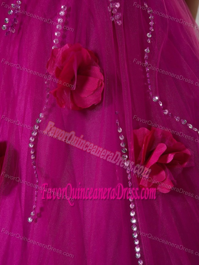 Sweetheart Fuchsia A-line Ruched Dress for Quinceaneras with Flowers 2013