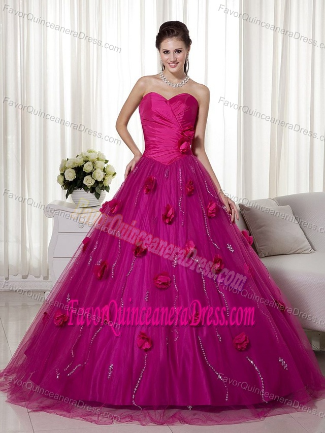Sweetheart Fuchsia A-line Ruched Dress for Quinceaneras with Flowers 2013