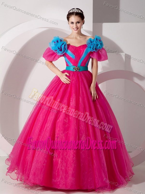 Red A-line V-neck Organza Dress for Quinceaneras with Handmade Flowers