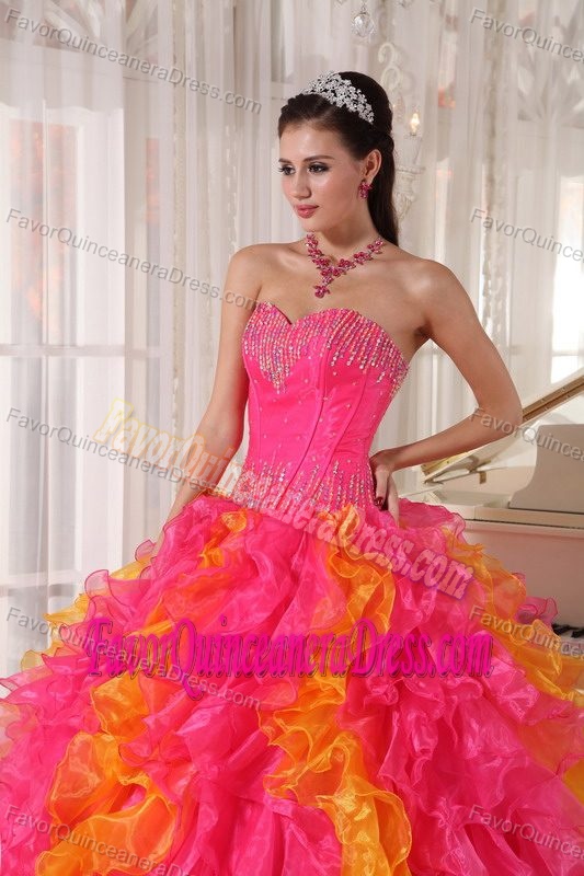 Discount Hot Pink and Orange Organza Dress for Quinceanera with Beading