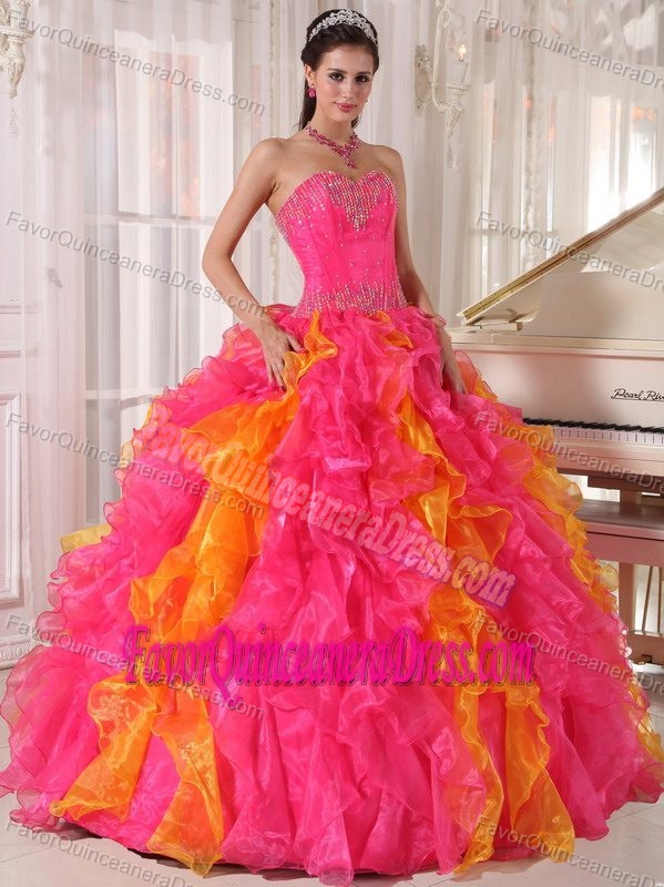 Discount Hot Pink and Orange Organza Dress for Quinceanera with Beading