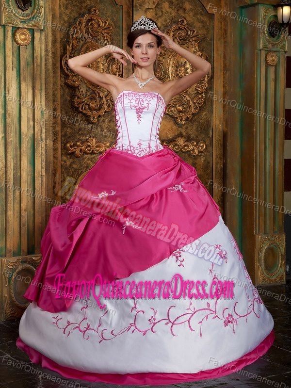 Fuchsia and White Strapless Satin Dress for Quinceaneras with Embroidery on Sale