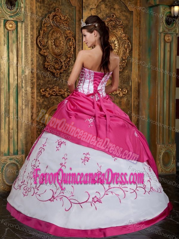 Fuchsia and White Strapless Satin Dress for Quinceaneras with Embroidery on Sale