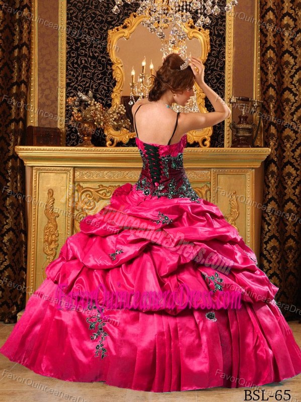 Hot Pink and Black Dress for Quinceanera Embellished with Spaghetti Straps