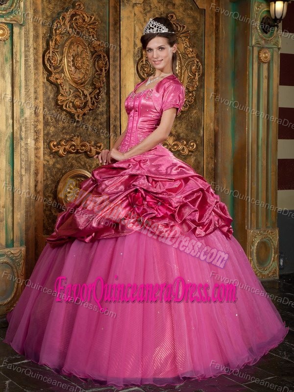 Hot Pink Ball Gown Quinceanera Gown Dresses Made in Taffeta and Organza