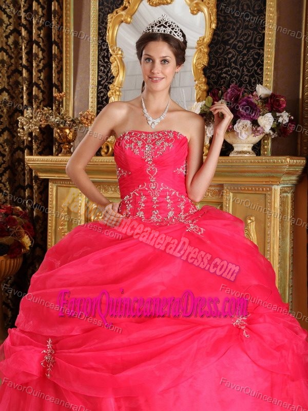 2013 Pretty Coral Red Strapless Floor-length Organza Dress for Quinceaneras