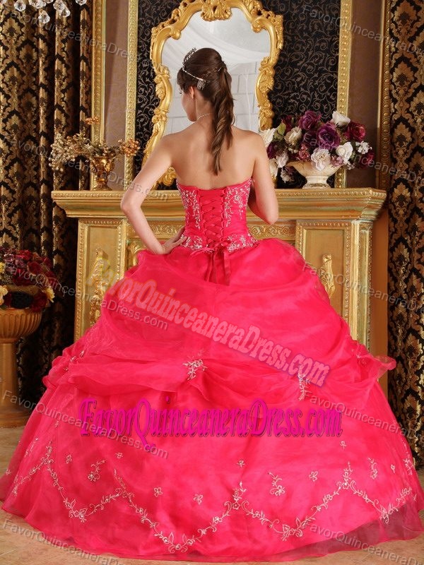 2013 Pretty Coral Red Strapless Floor-length Organza Dress for Quinceaneras