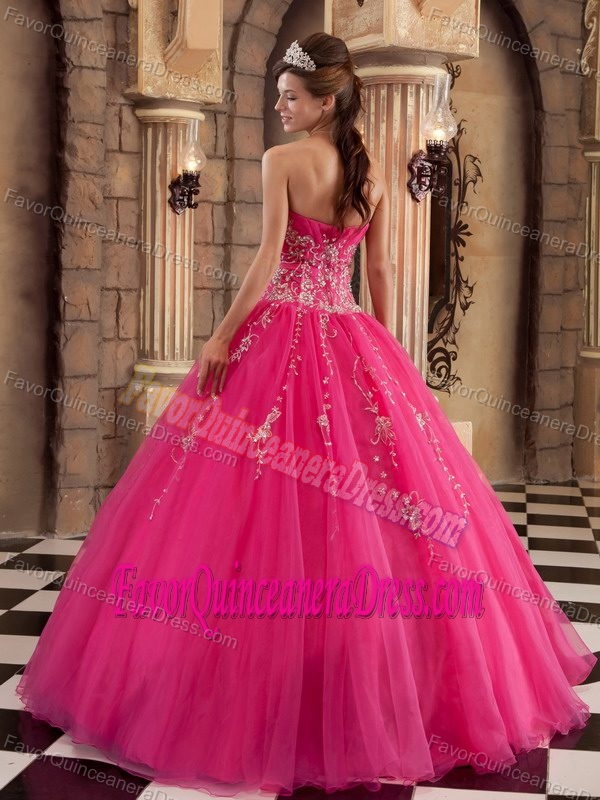 Hot Pink Organza Beaded Dress for Quinceanera Embellished with Embroidery