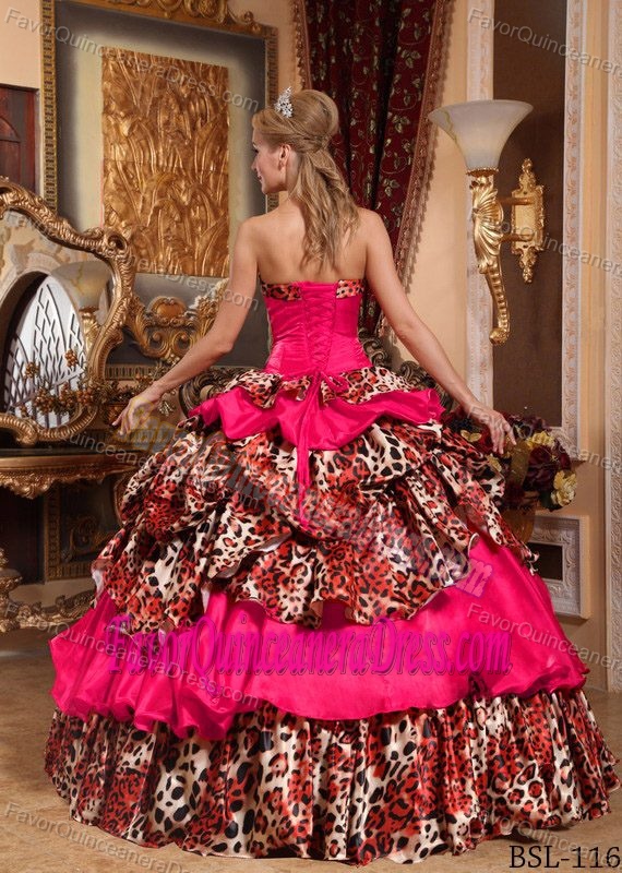 Coral Red Ball Gown Taffeta Dresses for Quinceanera with Leopard Pick-ups