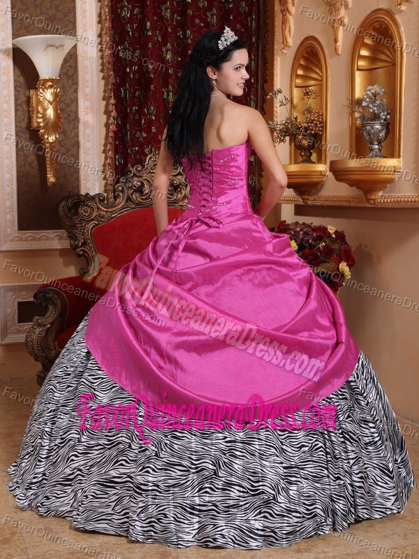 Inexpensive Hot Pink and Zebra Beaded Dresses for Quince with Flowers 2013