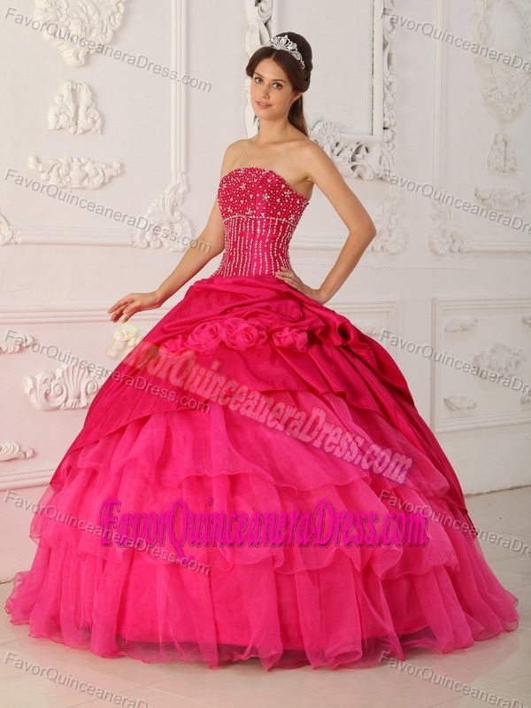 Beaded Bodice Ball Gown Hot Pink Quinceaneras Dress with Ruffles on Sale
