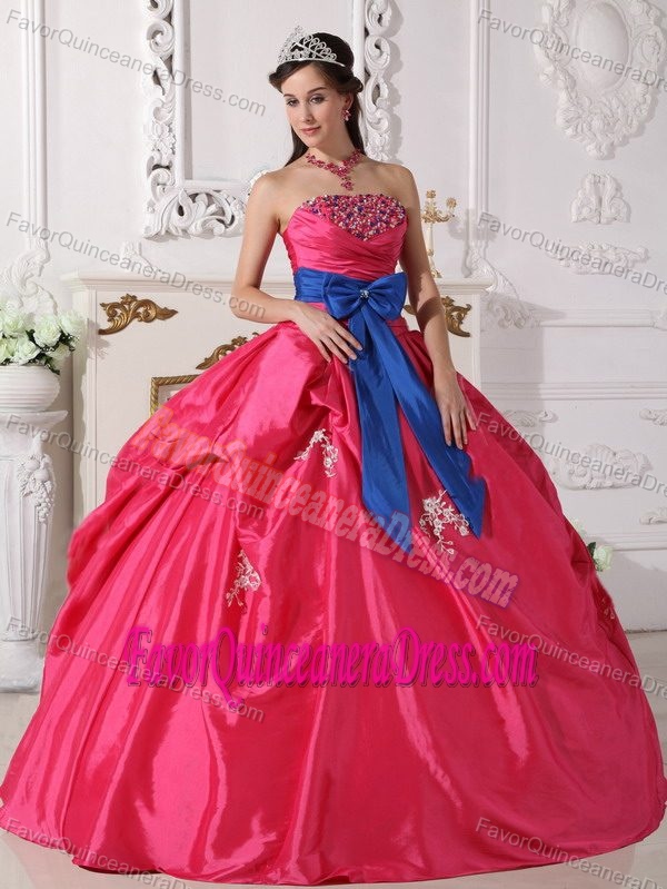Hot Pink Boll Gown Taffeta Quince Dresses to Floor length with Blue Bowknot