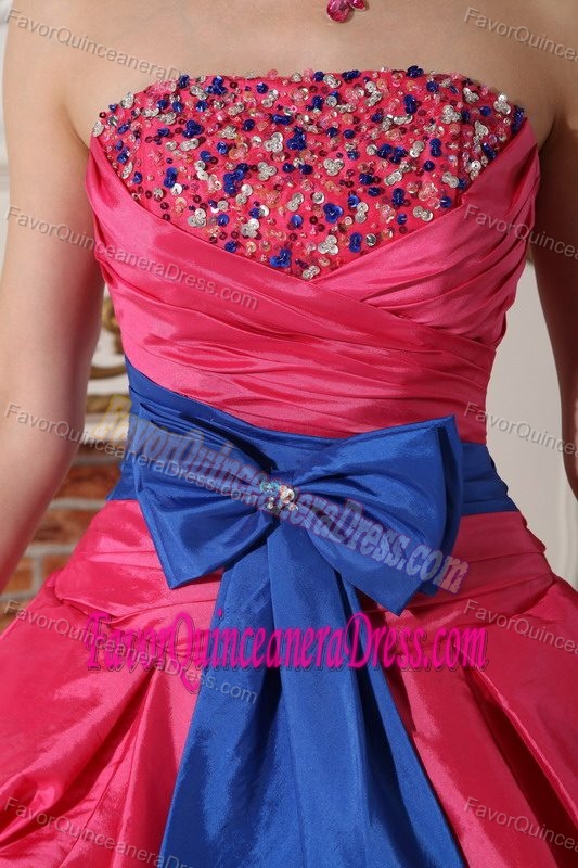 Hot Pink Boll Gown Taffeta Quince Dresses to Floor length with Blue Bowknot
