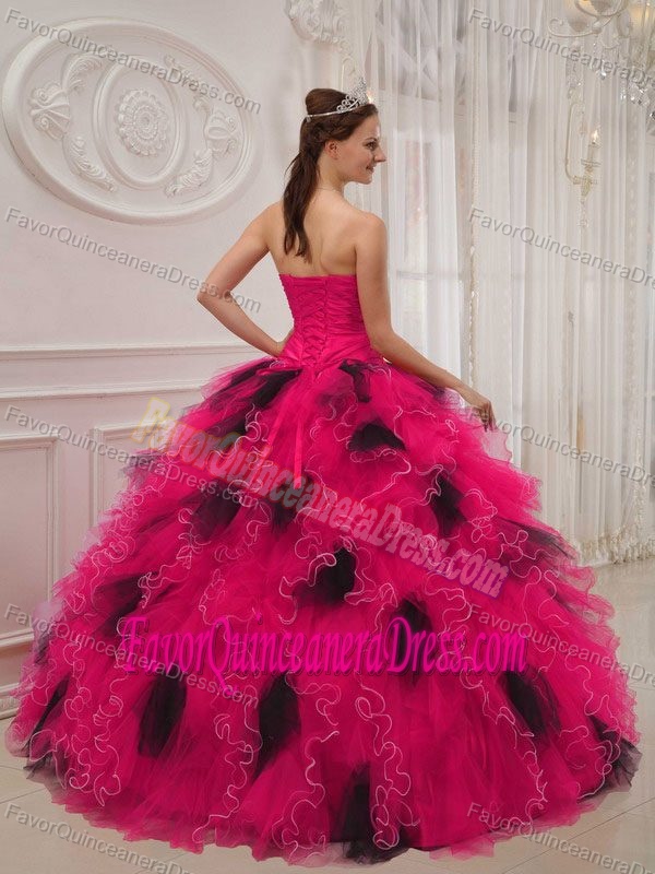 Red and Black Beaded Quinceanera Dresses to Floor Length with Ruche 2013