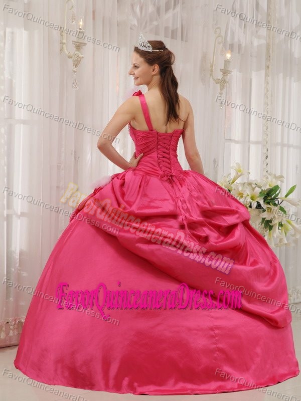 One Shoulder Hot Pink Beaded Quinceanera Dress Made in Taffeta for Cheap