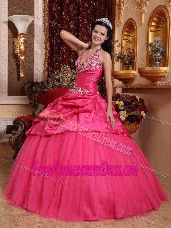 Ball Gown Halter Floor-length Taffeta Quinceanera Gown Dresses in Hot Pink