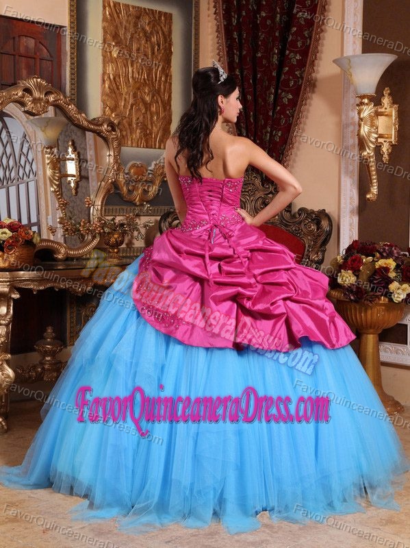 Hot Pink and Blue Ball Gown Strapless Quinceanera Gowns with Ruffles 2013
