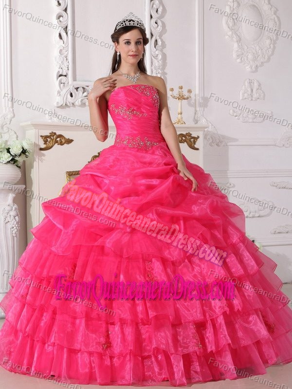 Hot Pink Floor Length Ball Gown Quinces Dresses Decorated with Ruffled Layers