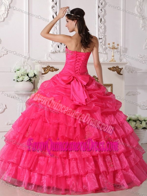 Hot Pink Floor Length Ball Gown Quinces Dresses Decorated with Ruffled Layers