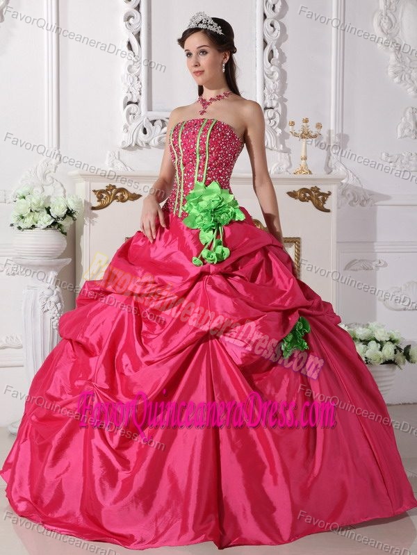 Coral Red Strapless Taffeta Beaded Quinceanera Dress with Rolling Flowers