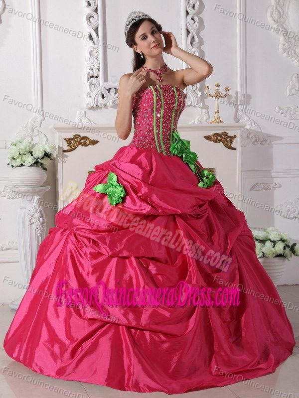Coral Red Strapless Taffeta Beaded Quinceanera Dress with Rolling Flowers