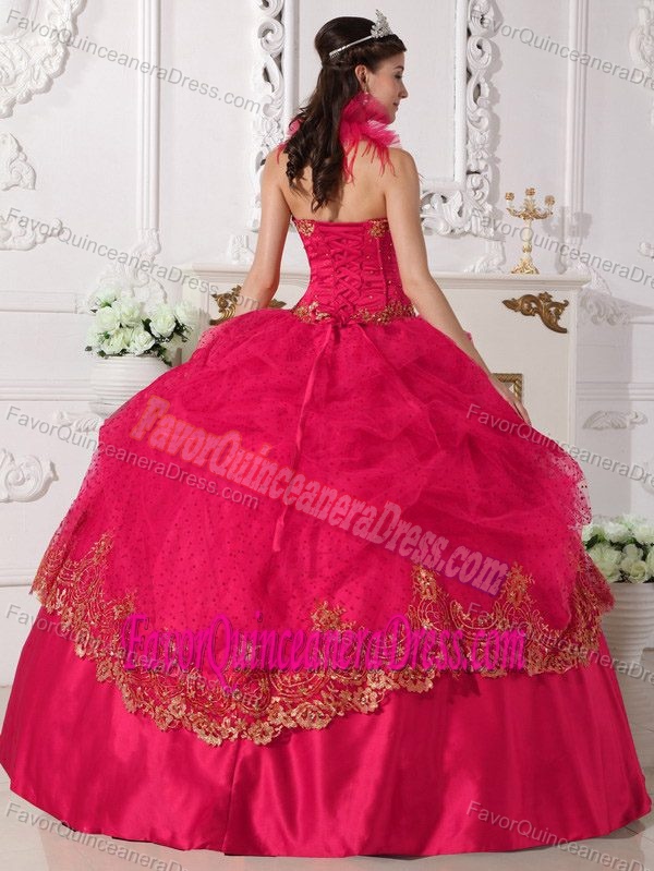 Beaded and Appliqued Coral Red Ball Gown Taffeta Quinceanera Dress with Halter