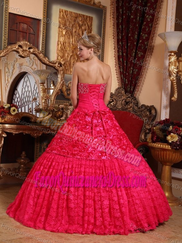 Red A-line Strapless Fabric Beaded Dress for Quinceanera with Rolling Flowers