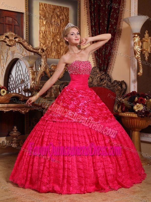 Red A-line Strapless Fabric Beaded Dress for Quinceanera with Rolling Flowers